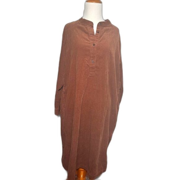 Jaju Corduroy Shirt Dress Size Large Rust Salmon Midi Work Lagenlook Neutral - Picture 1 of 3
